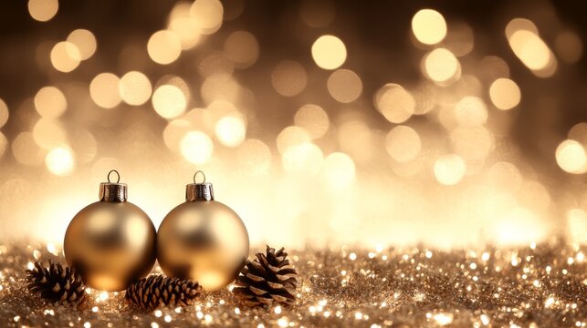 Two christmas balls on a shiny gold background, festive holiday decoration shiny