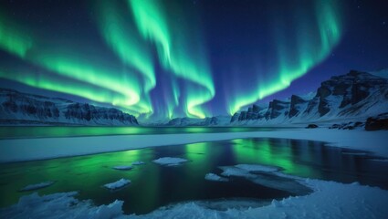 Fototapeta premium Winter landscape showing aurora borealis over beach, sea coast, stones, and starry sky