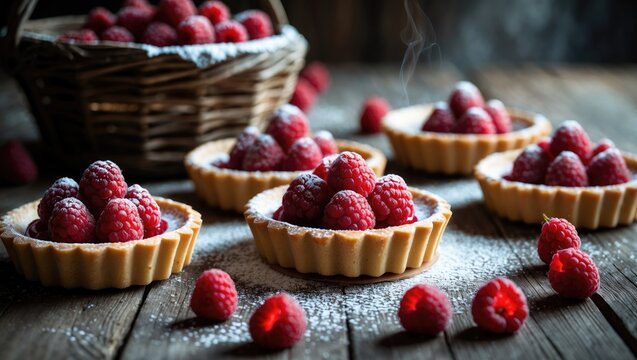 Delicious raspberry basket dessert for the entire family, topped with powdered sugar and fresh raspberries, perfect for a light diet