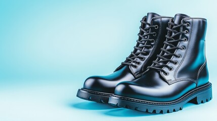 Stylish black boots, a fashion essential on vibrant blue backdrop 