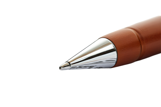 Close-up of a pen tip A brown wooden-style pen tip, with a metallic element, is prominently featured