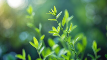 Obraz premium A close-up image of fragile, vibrant green leaves growing on a branch, basking in warm sunlight.