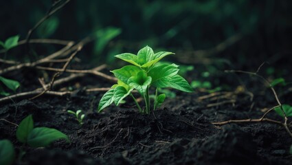 A tiny green sprout is emerging from the ground and beginning its growth.