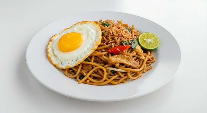 Mee Goreng Mamak with egg and lime on a white background