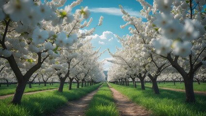 Fototapeta premium Sweet cherry trees in full bloom forming a vibrant orchard covered in white flowers