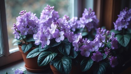 Fototapeta premium Macro shot of lilac flowers blooming in a pot by the window