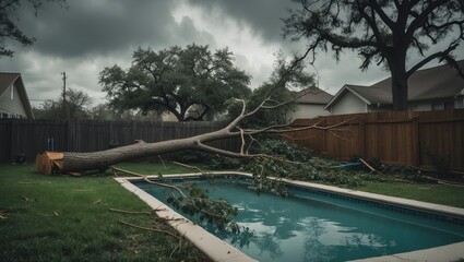 Fototapeta premium A huge oak tree that landed in the swimming pool during a storm