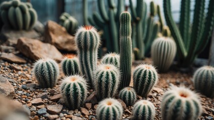 Tropical small cactus against greenhouse garden backdrop
