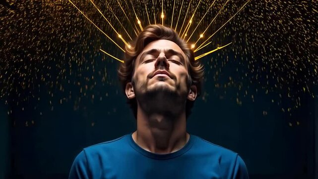 Idea brainwave, illuminated thinking ideas explode from a mans head