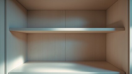 Interior detail of furniture showing a built-in wardrobe with empty shelves in a closet