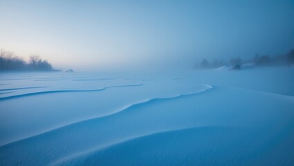 Twilight ocean scene over the ice-covered sea and coastal village after a snowstorm. Minimalist winter landscape featuring soft blue tones.