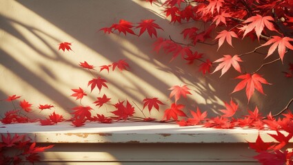 Background of autumn with red maple leaves on a table basking in sunlight. Nature-inspired seasonal decoration.