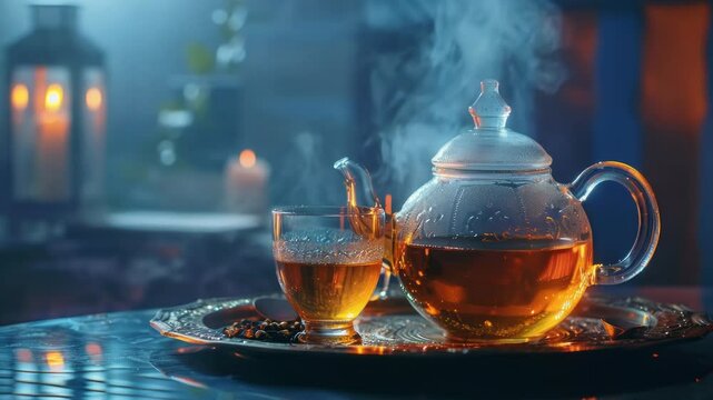 Warm amber tea in glass teapot and cup