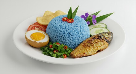 Nasi Kerabu with blue rice, herbs, salted egg, and grilled fish on a white background