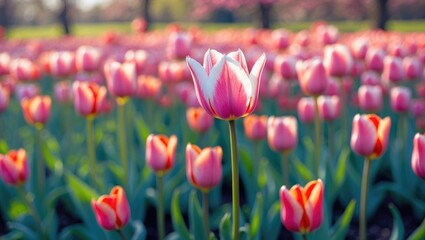 Fototapeta premium Meadow filled with tulip flowers. Radiant tulips in the park. Scenic landscape. Colorful garden setting. Lovely tulip arrangement. Nature.