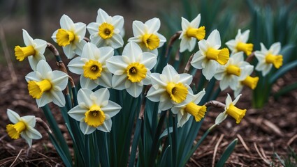 Fototapeta premium Daffodil flowers up close in a grassy meadow