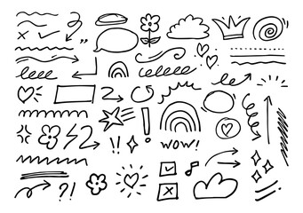 Hand Drawn Vector Element Set. Underline, Highlight, Star, Doodle, Heart, Crown, Arrow, Cloud, Rainbow, Flower Element. Hand Drawn Vector Illustration.