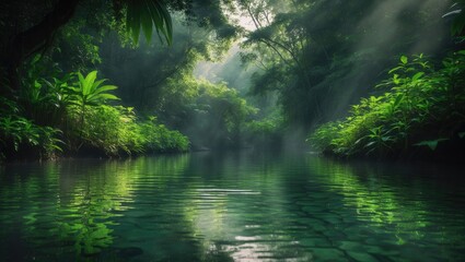 Fototapeta premium Gentle sunlight illuminating a peaceful river's flow