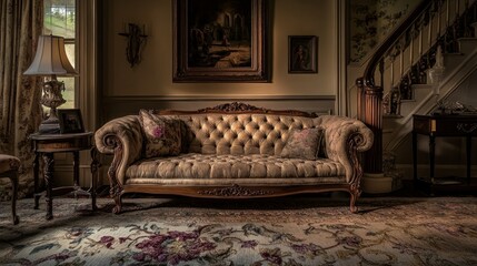 An elegant antique interior features a sofa and staircase in a home
