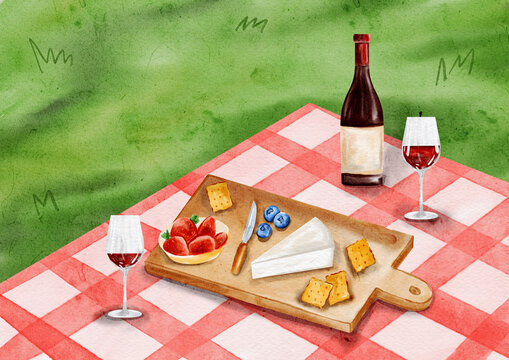 International Picnic Day poster with wine, cheese, and snacks, hand drawn watercolor illustration for summer celebration and outdoor family gathering
