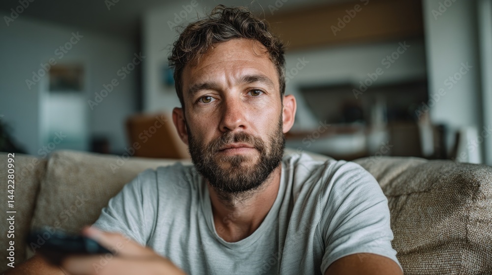 Poster A man sits on a comfortable couch, holding a remote control, deeply engaged in a show or movie. Natural light filters through the room, creating a serene and inviting atmosphere