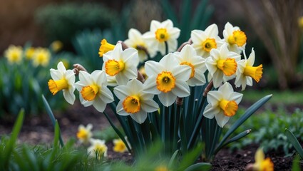 Vibrant daffodils clustered together in a lush garden scene illuminated by sunlight