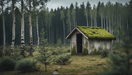 A moss-roofed hut nestled in a forest with a pine tree nearby