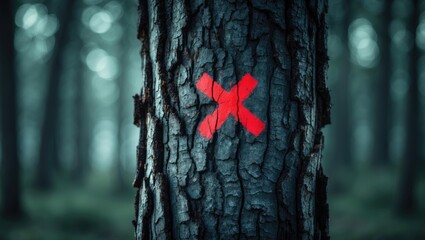 Tree marked for cutting down. Sanitary tree harvesting. Cross-shaped marking. Close-up perspective
