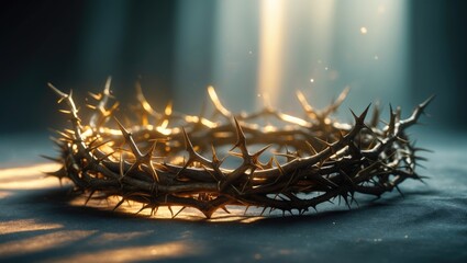 Fototapeta premium On a black background, the crown of thorns is illuminated by window light with available copy space