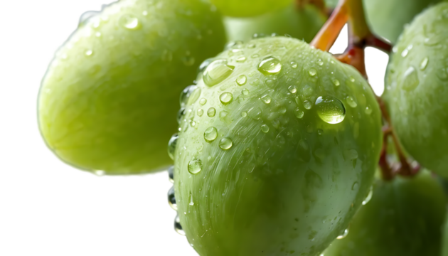 Close-up of green grapes on transparent background adorned with water droplets, highlighting their juiciness and freshness - Powered by Adobe