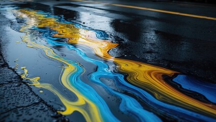 Colorful oil slick patterns emerge on wet urban pavement, showcasing the contrast between vibrant lines and the dark surface due to runoff effects.
