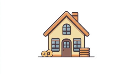 Simple house illustration, depicts home affordability, use as visual aid, showing coins at front, for real estate or finance concepts