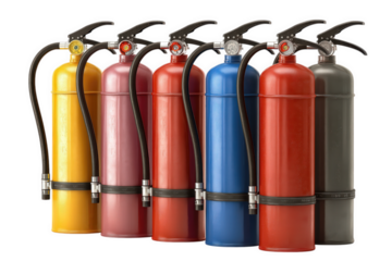 Colorful Fire Extinguishers Arranged on Transparent Background