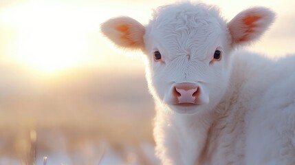 Naklejka premium Close-up portrait of a cute fluffy white calf standing in a field during a warm golden sunset.