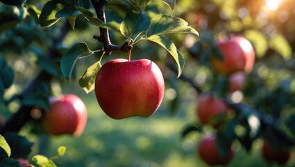 A ripe crimson apple on the branch of an apple tree is primed for harvest.