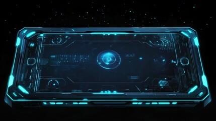 Obraz premium Futuristic holographic user interface with glowing blue neon lines floating in dark cyberpunk style, advanced technology data visualization concept for sci-fi and digital innovation themes,