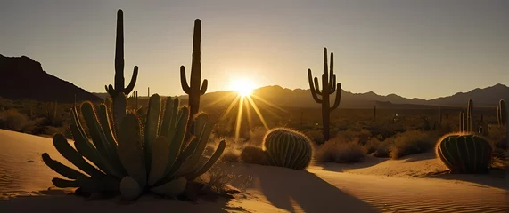 Fototapete Rund Desert landscapes bathed in late afternoon golden light with silhouetted cacti © RobinsonIcious