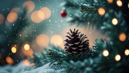 Holiday-themed tree with ornaments on a bokeh light backdrop