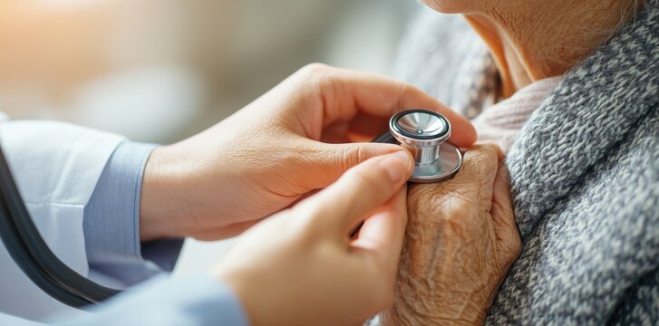 Parkinson and Alzheimer female senior elderly patient with caregiver in hospice care. Doctor hand with stethoscope check up older woman people. Old aging person seeing medical physician in hospital. - Powered by Adobe