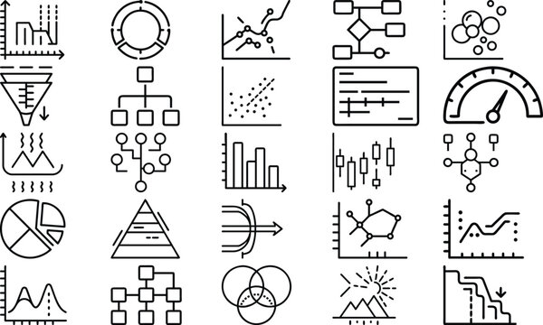 Minimalist Data Visualization Vector Icons Set for Analytics and Business Intelligence