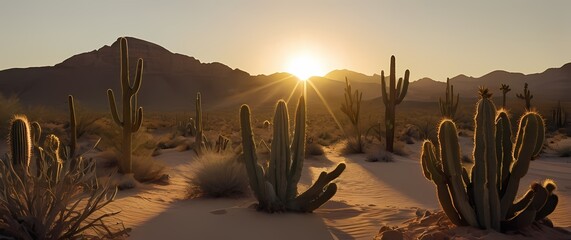 Desert horizons with scattered cacti glowing softly at golden hour