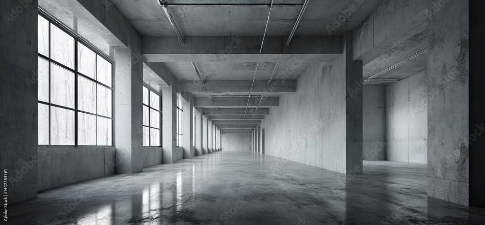 Poster an enormous, modern concrete hall with many supporting columns and large windows that glow brightly 