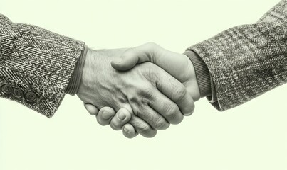 A handshake on a white background symbolizes a business agreement in black and