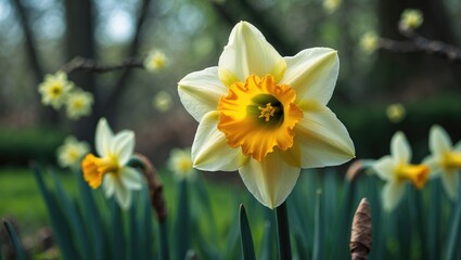 Fototapeta premium The genus Narcissus comprises perennial plants that typically flower in spring, with common names like daffodil and jonquil.