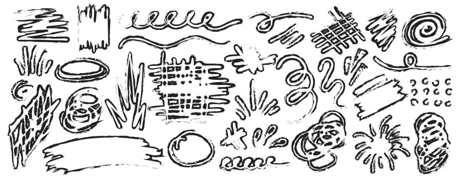 Collection of hand drawn doodles and squiggles for text highlighting sign. Set of different design elements with scribbles texture. Black brush strokes. Simple cute vector swashes and strokes