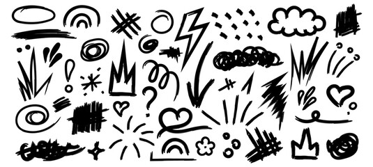 Collection of hand drawn doodles and squiggles for text highlighting sign. Set of different design elements with scribbles texture. Black brush strokes. Simple cute vector swashes and strokes