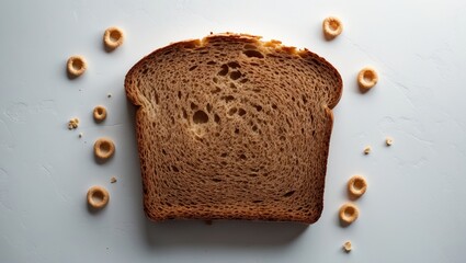 Brown bread slice with cereals on a plain background