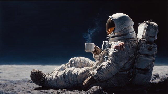 Astronaut sitzt entspannt mit dampfender Tasse Kaffee auf Mondoberfl&auml;che. Fotomontage.