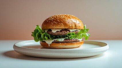 Half of a hamburger served on a white ceramic plate against a table backdrop