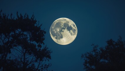Naklejka premium Tree branches silhouetted against a full moon in the sky